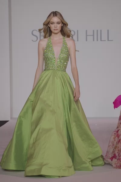Sherri Hill style 56213 in peacock, Halter Beaded Ball Gown