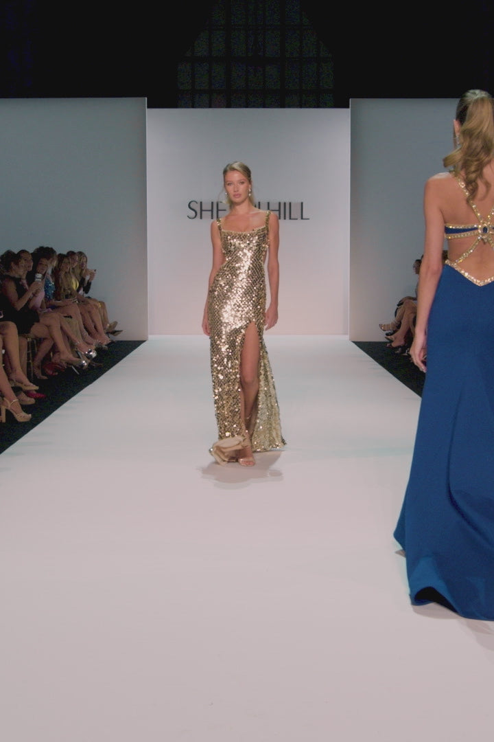 Sherri Hill style 58860 in gold, Fitted Sequin Gown with Side Cuts