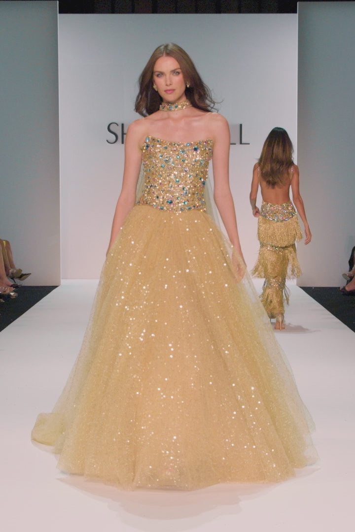 Sherri Hill style 58932 in nude/gold/multi, Ballgown with Sparkle Tulle Skirt