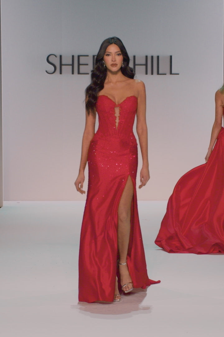 Sherri Hill style 58469 in light pink, Lace Corset Gown with Hot Fix Skirt
