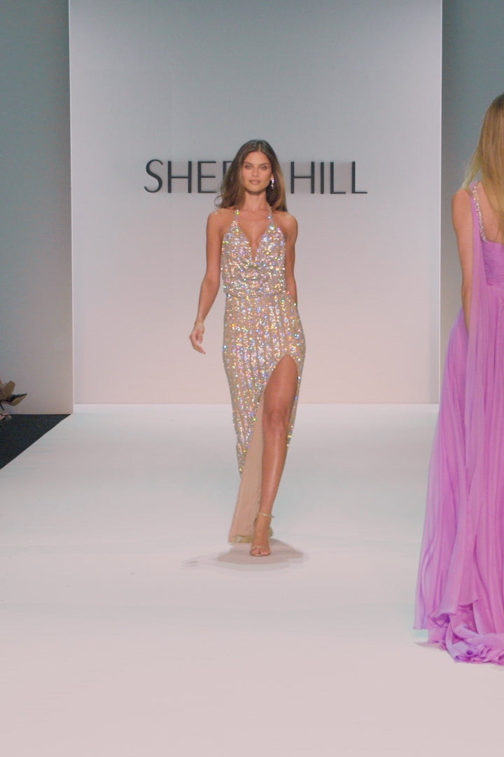 Sherri Hill style 46730 in nude/silver, Fully Beaded Couture Gown with Open Back