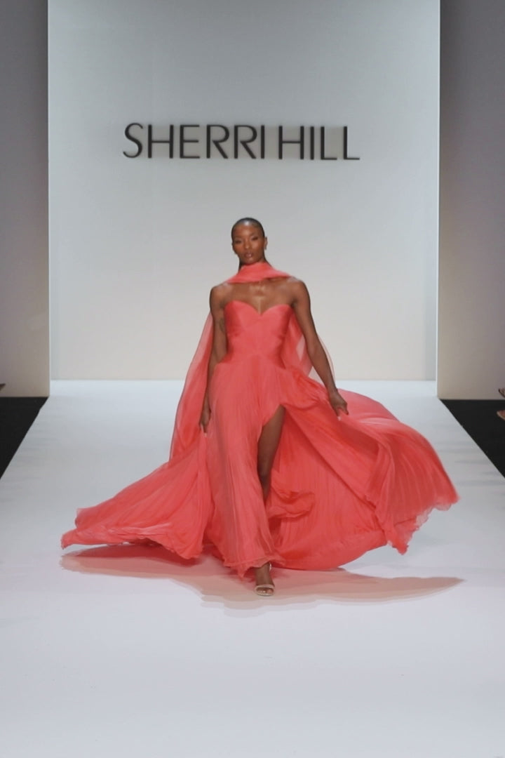 Sherri Hill style 46715 in coral, Strapless Chiffon A-Line Couture Gown