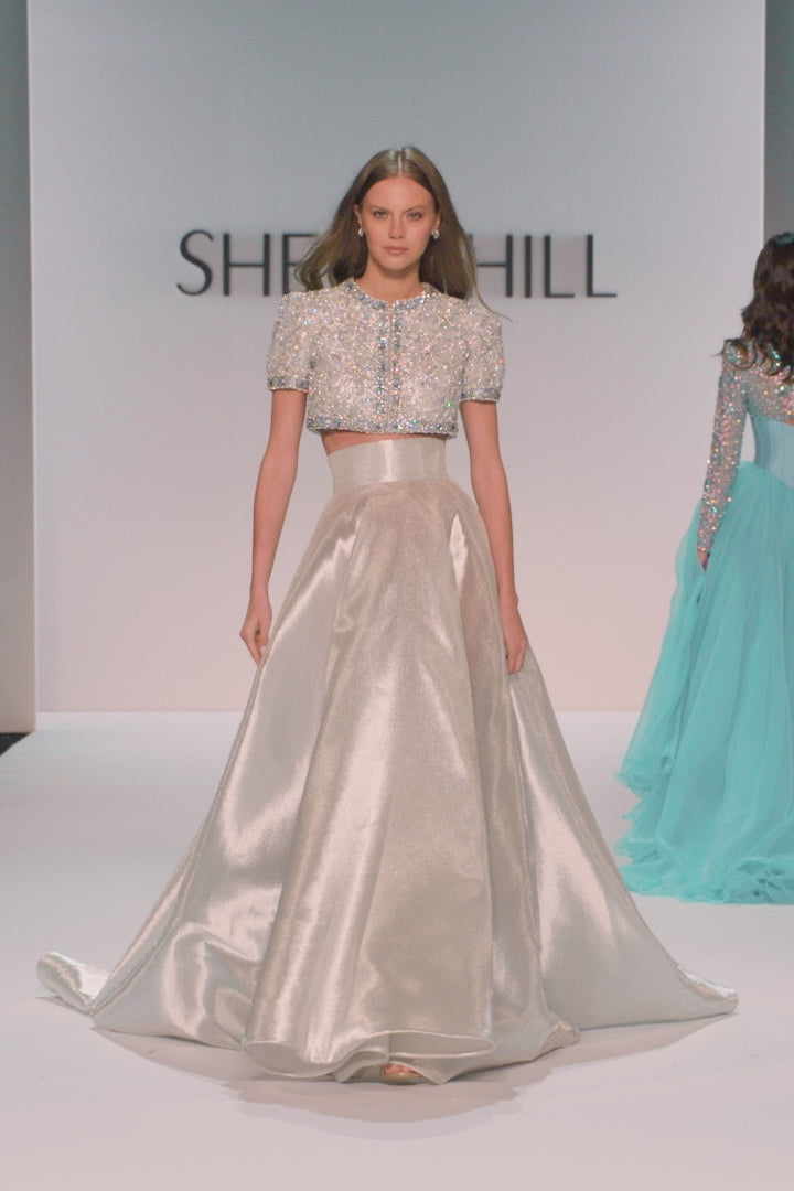 Sherri Hill style 46780 in silver, Two-Piece Couture Gown with Beaded Top