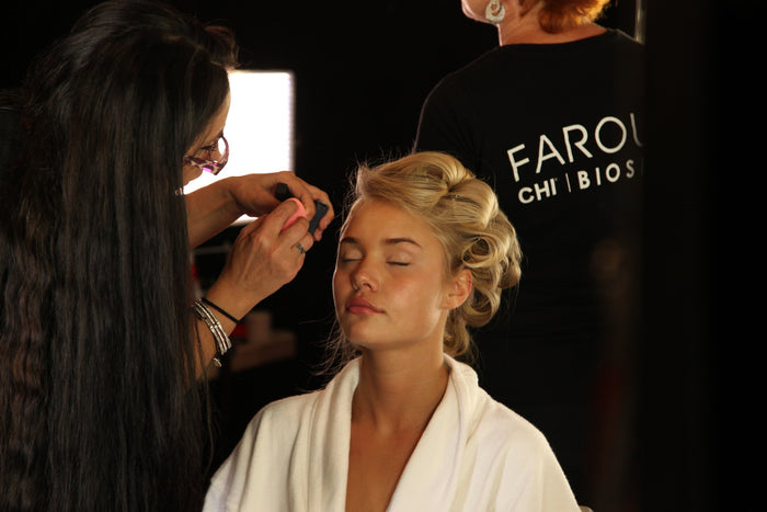 Model Brooke Perry in hair and makeup backstage