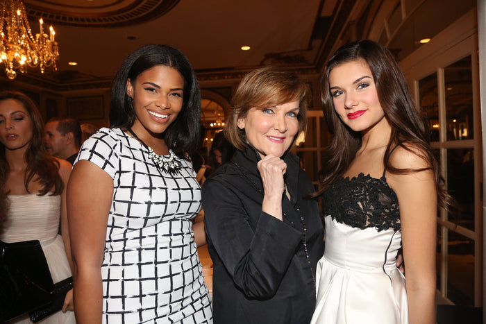 Sherri Hill with K. Lee Graham, Miss Teen USA 2014, and a guest in the lobby before the show