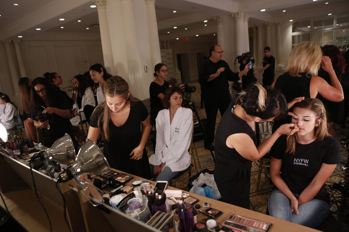 The hair and makeup room backstage at The Plaza