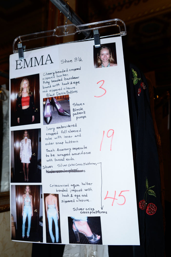 A model's look card backstage, with looks 3, 19 and 45 pinned in show order