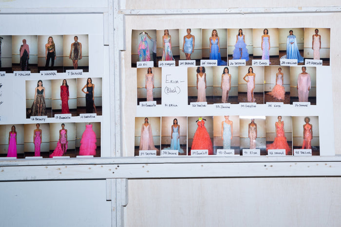 The lineup board backstage, every look in show order