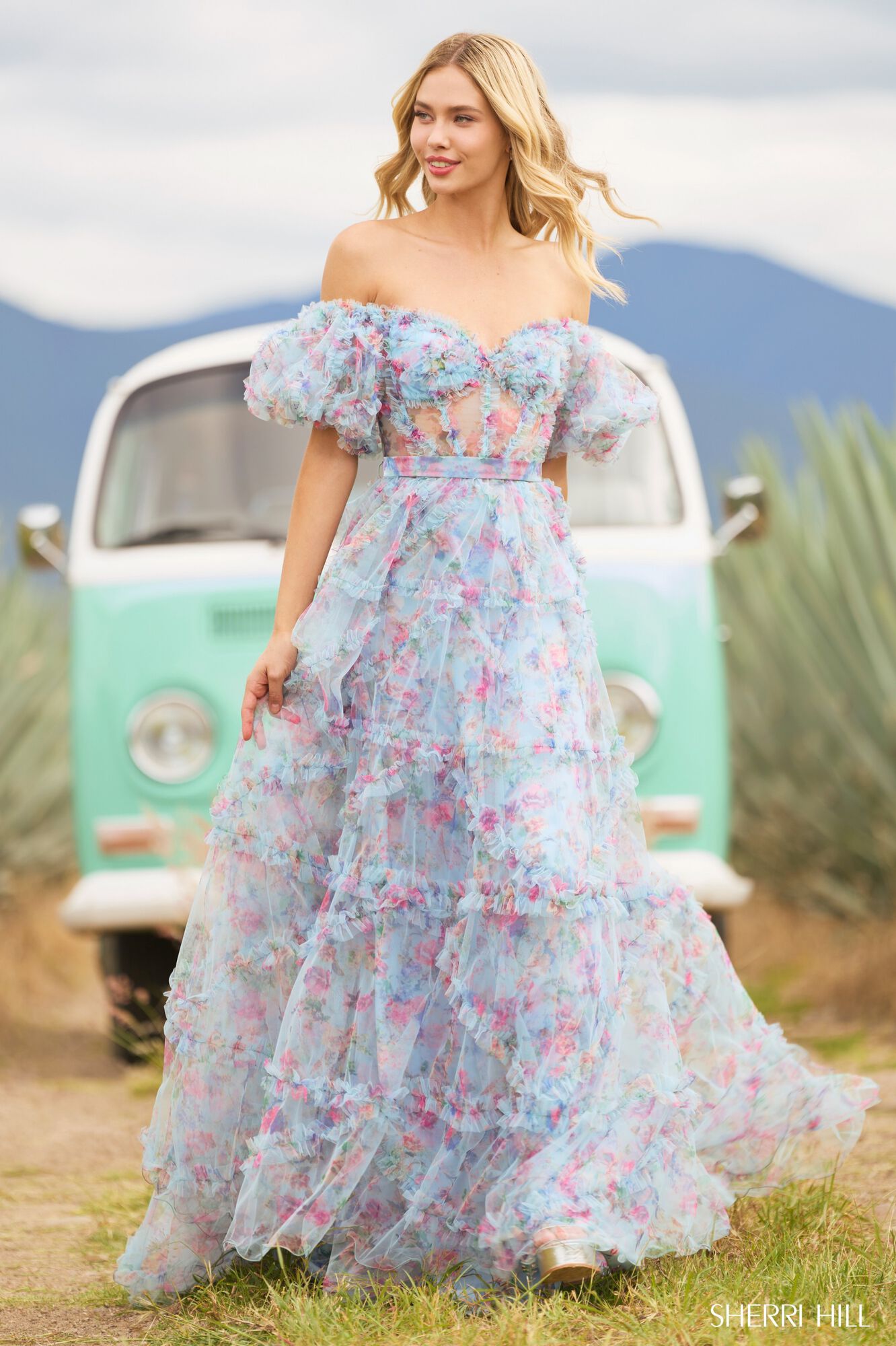 Sherri Hill Strapless Ruffle Ball Gown Prom Dress 55594
